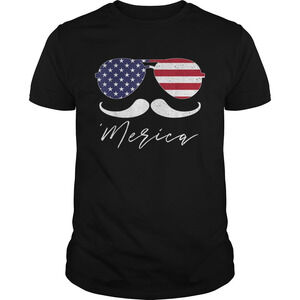 Merica American Flag July 4Th Sunglasses Mustache Usa Retro Shirt